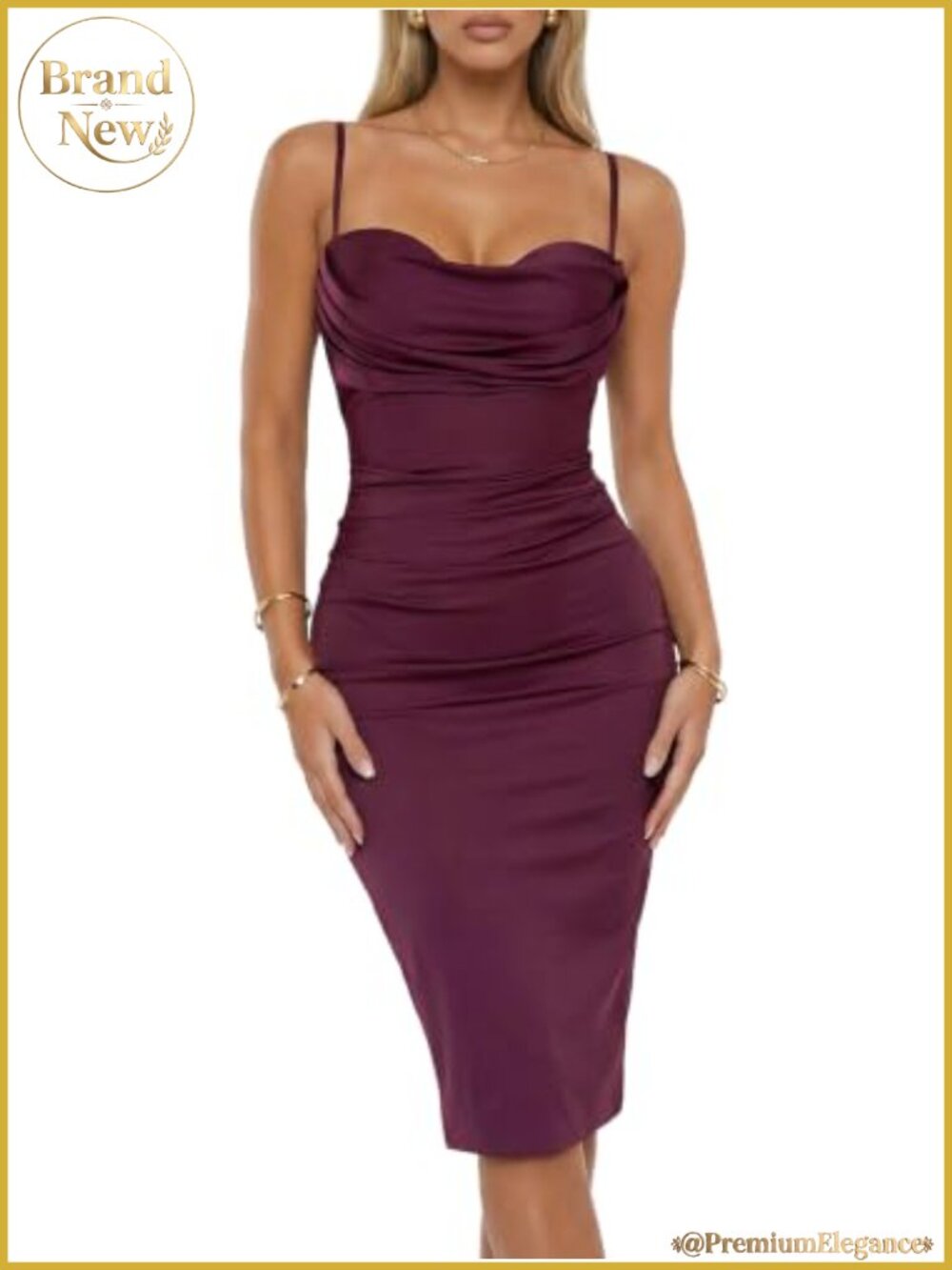 Women's Built-in Bra Cowl Neck Bodycon Midi Dress Sleeveless Backless Club